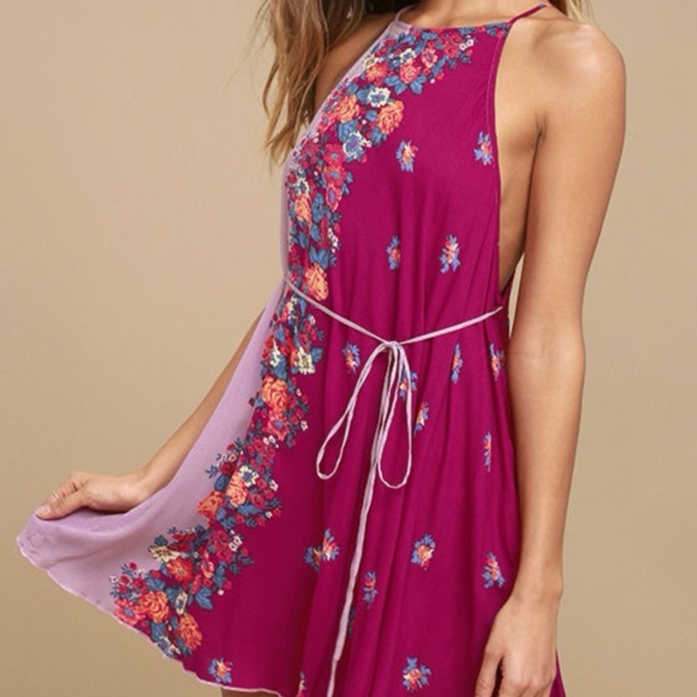 Free People Intimately Womens Large Floral Pink and Purple Mini Dress Tie Waist